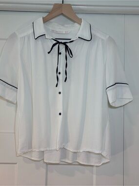 Zara White Button-Front Tie-Neck Blouse with Black Trim